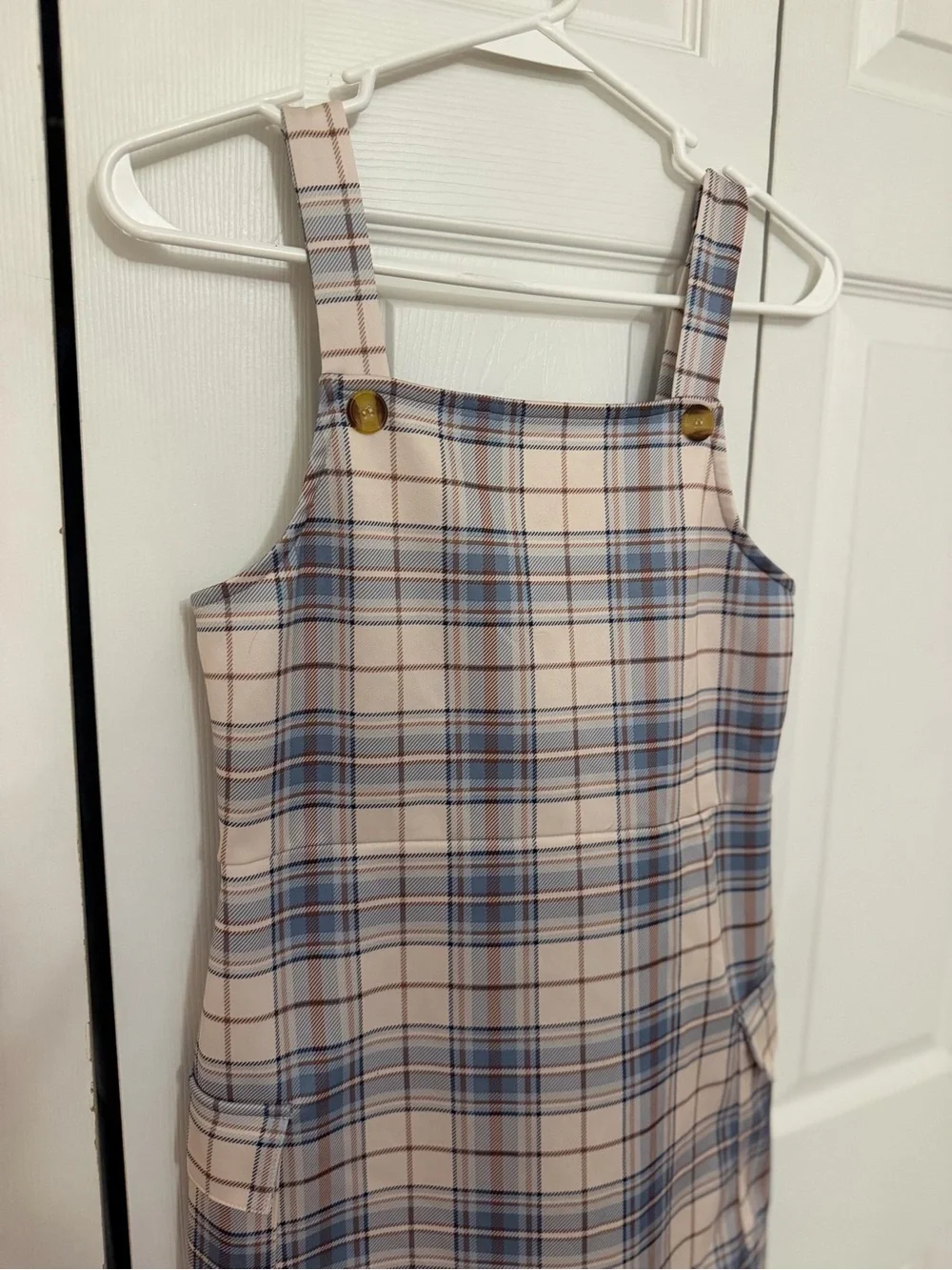 Beauties by Amy Byer Beige and Blue Plaid Pinafore Mini Dress